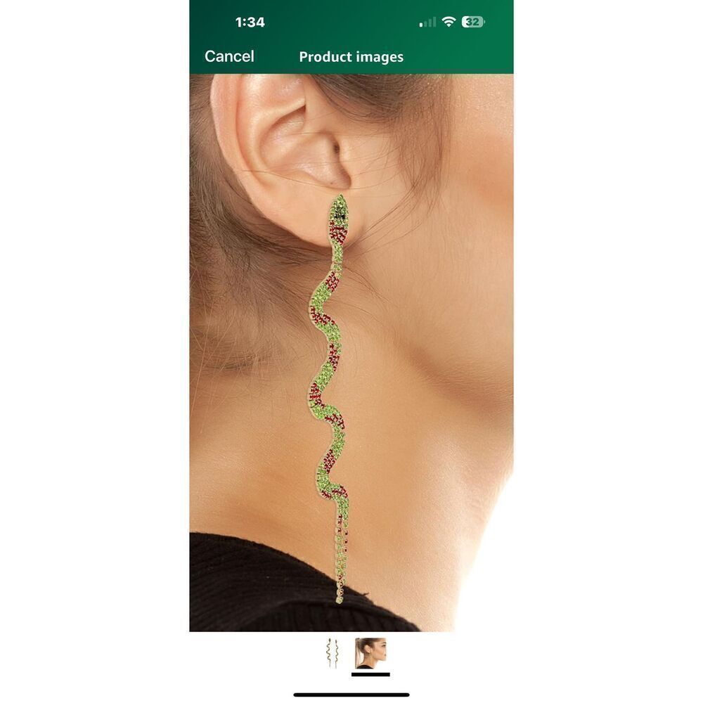 Betsy Johnson whimsical snake linear drop earrings, made with cut glass and gems - Picture 2 of 11
